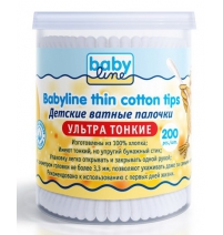  Детские ватные палочки ультра тонкие в пластиковом боксе, 200 шт. BabyLine Арт. DB030